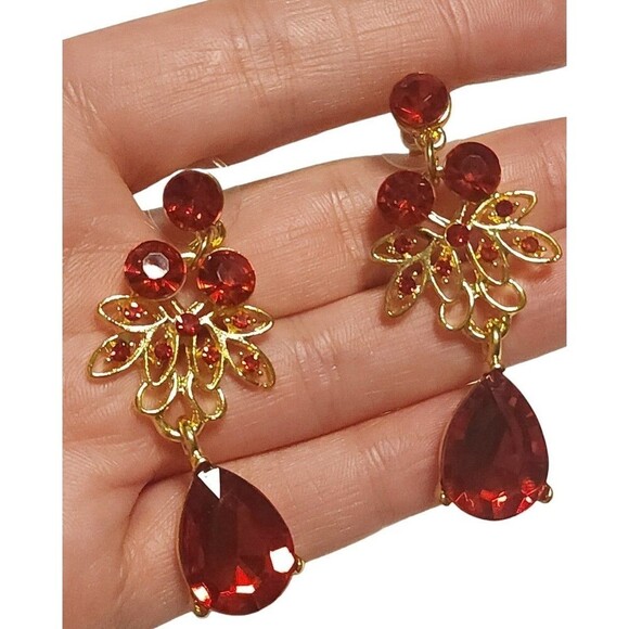 Gold Red Rhinestone Wedding Necklace and Earrings Set - Picture 4 of 4